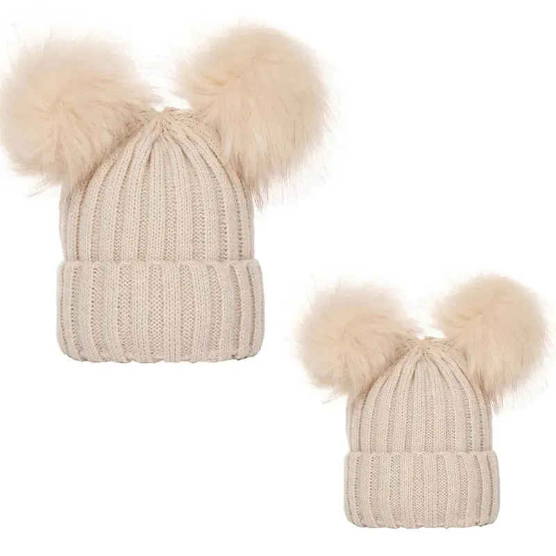 2023 Mother Kids Hats Bobble Hat Children Cap Pom Pom Beanies Caps