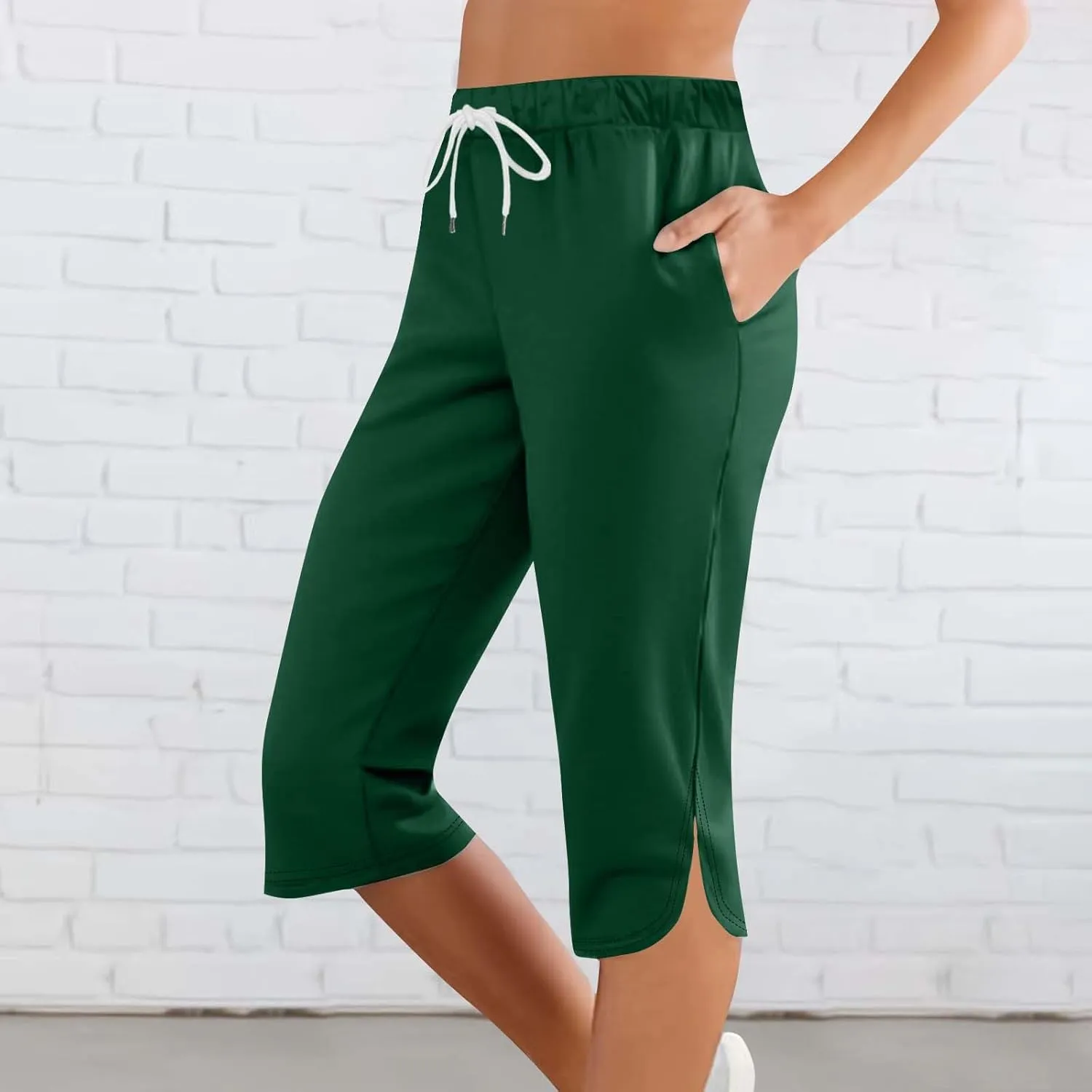 Akklian Summer Leggings with Pockets for Women Straight Wide Leg Cropped Trousers Drawstring Elastic Waist Side Slit Trousers
