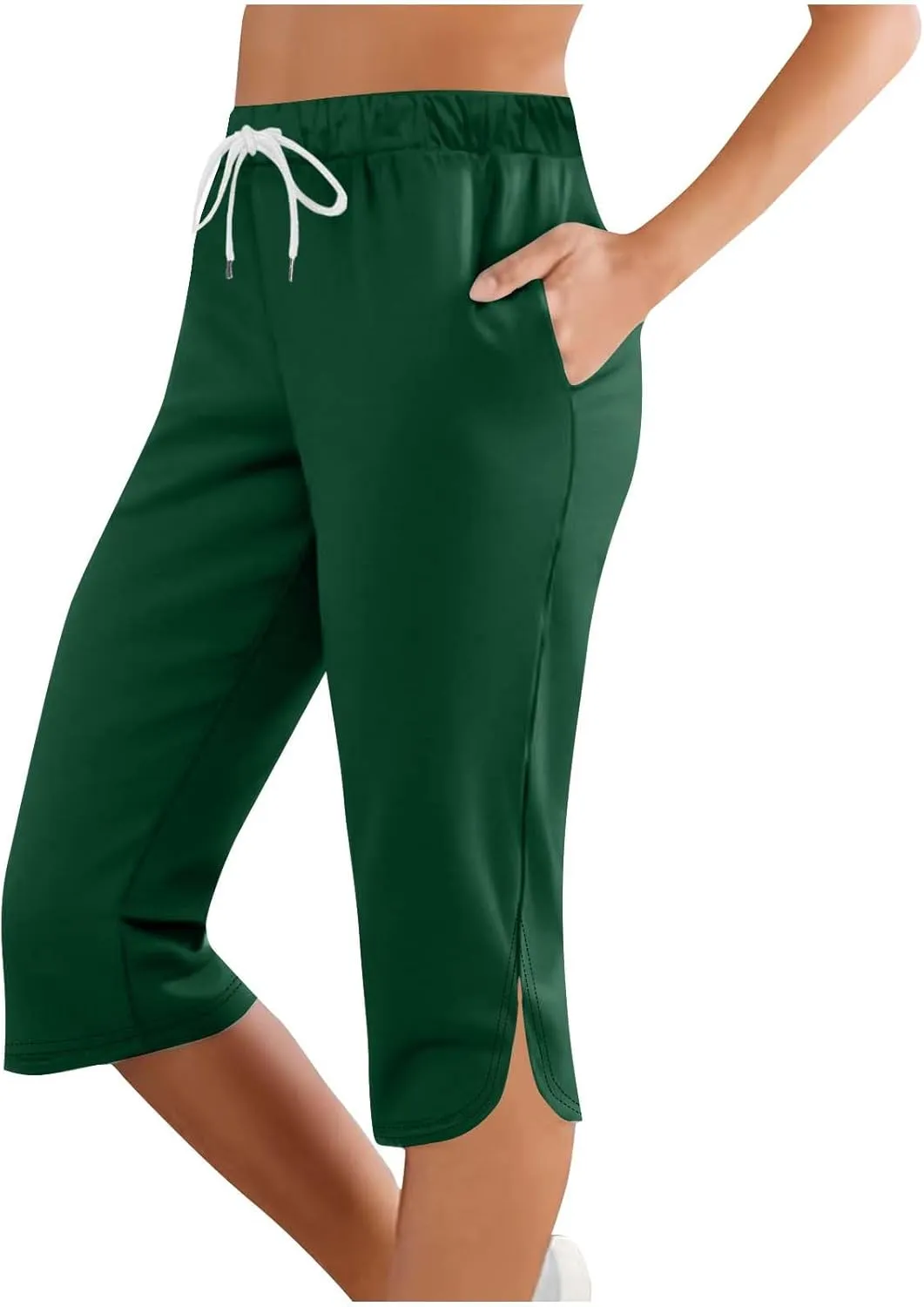 Akklian Summer Leggings with Pockets for Women Straight Wide Leg Cropped Trousers Drawstring Elastic Waist Side Slit Trousers