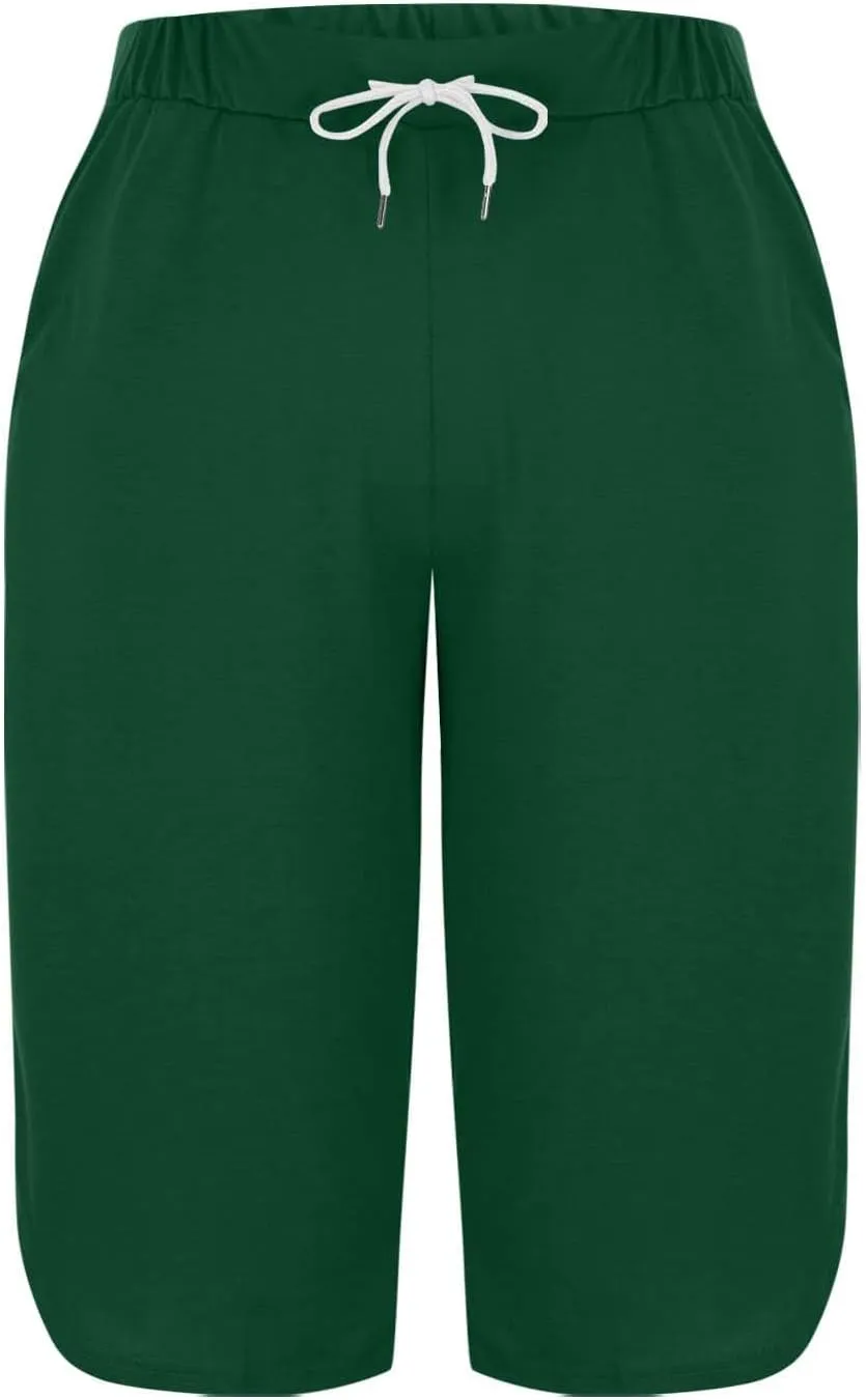 Akklian Summer Leggings with Pockets for Women Straight Wide Leg Cropped Trousers Drawstring Elastic Waist Side Slit Trousers