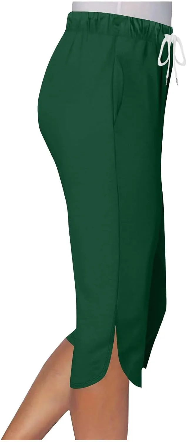 Akklian Summer Leggings with Pockets for Women Straight Wide Leg Cropped Trousers Drawstring Elastic Waist Side Slit Trousers