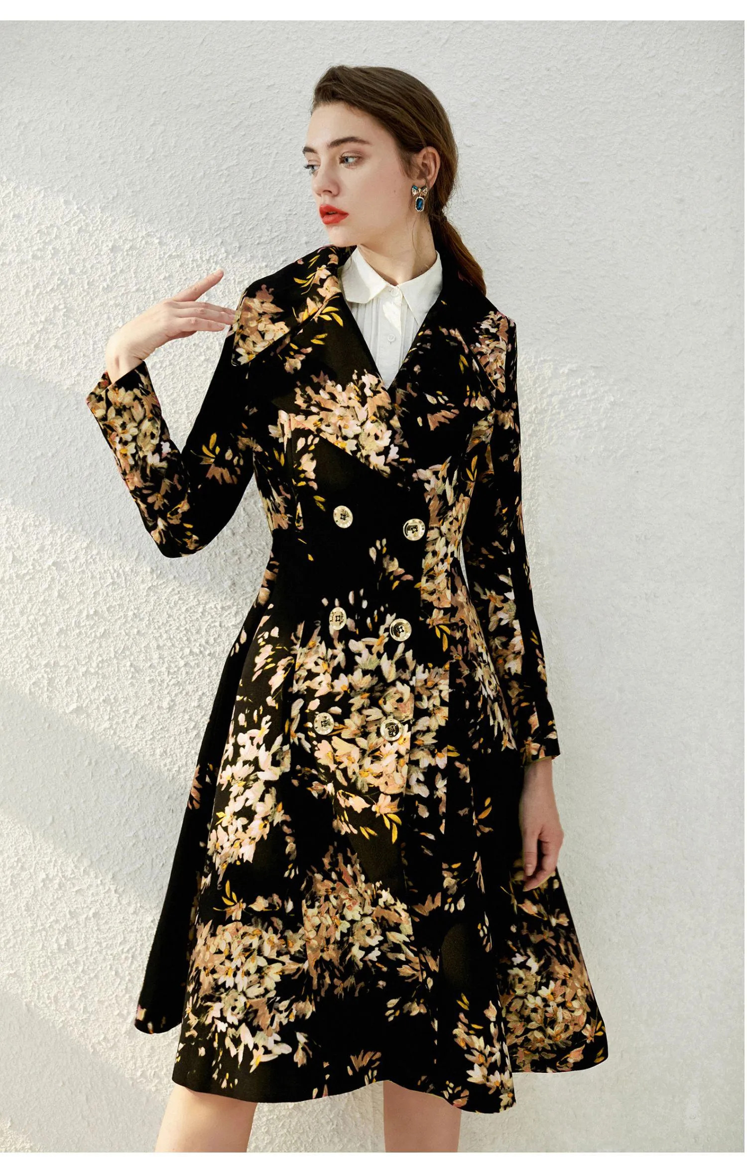 Autumn winter flloral 1950's audrey hepburn double breasted coat vintage jacket dress - Madlyn