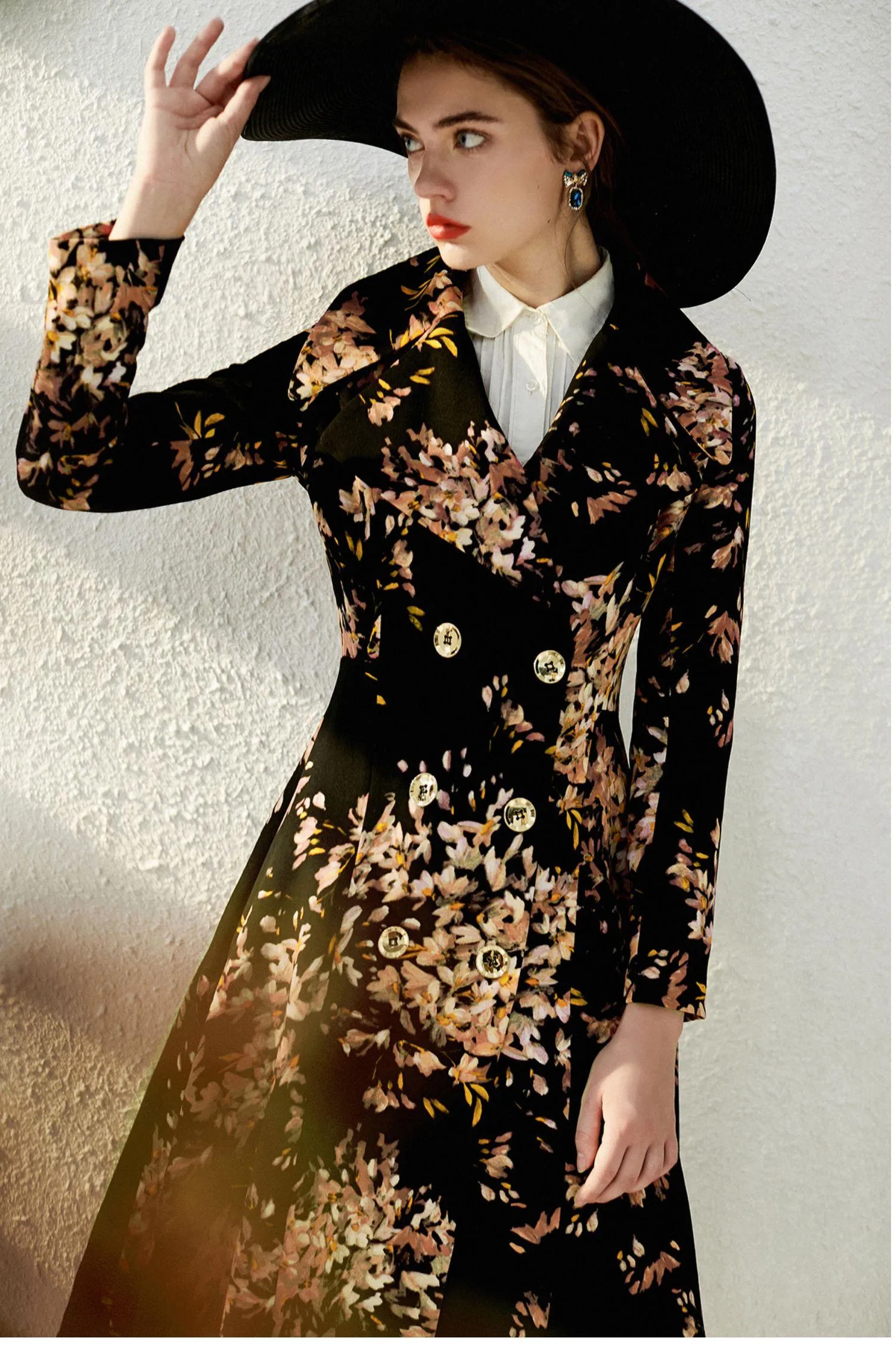 Autumn winter flloral 1950's audrey hepburn double breasted coat vintage jacket dress - Madlyn