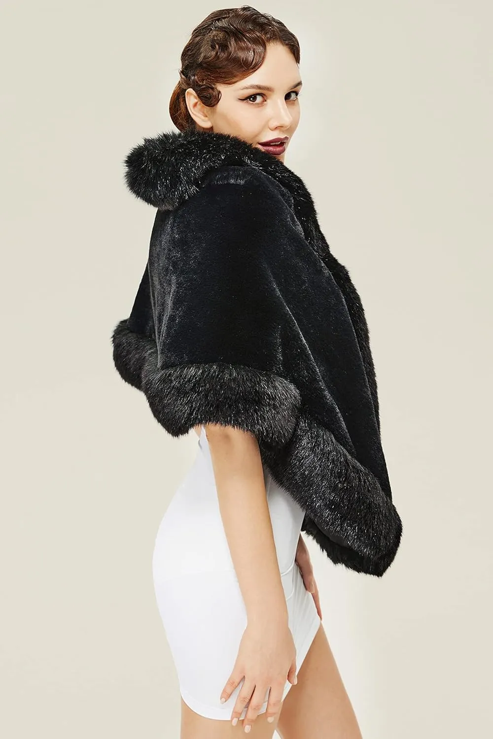 BABEYOND Faux Fur Shawl for Women with Collar Scarf Wrap Faux Fur Evening Cape for Winter Coat