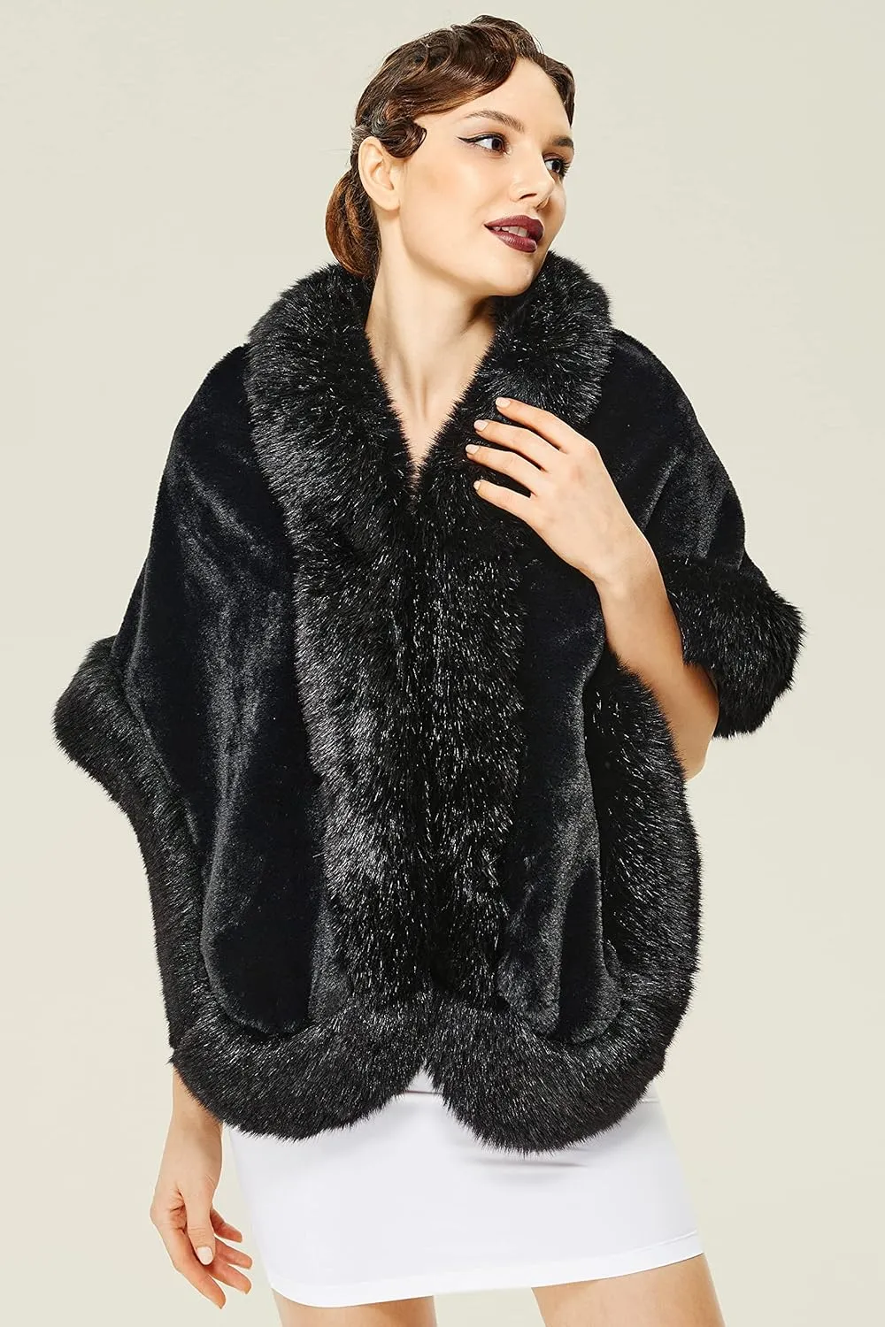 BABEYOND Faux Fur Shawl for Women with Collar Scarf Wrap Faux Fur Evening Cape for Winter Coat