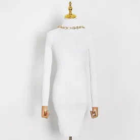 Backless Patchwork Chains For Women Turtleneck Long Sleeve High Waist Knitted Slim Dresses Female Fashion