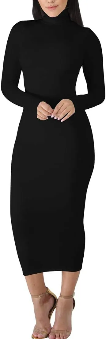 BORIFLORS Women's Sexy Basic Long Sleeve Turtleneck Bodycon Party Long Pencil Dress