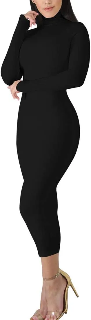 BORIFLORS Women's Sexy Basic Long Sleeve Turtleneck Bodycon Party Long Pencil Dress