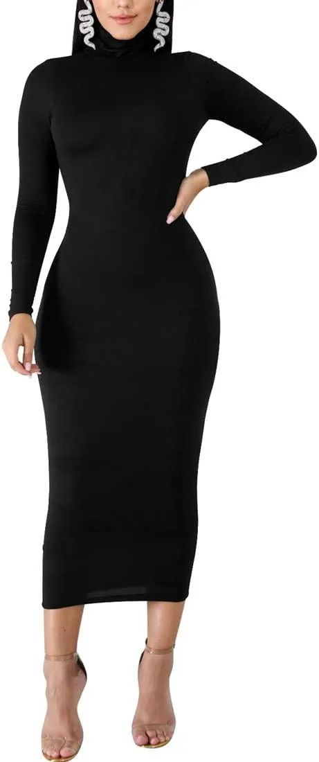 BORIFLORS Women's Sexy Basic Long Sleeve Turtleneck Bodycon Party Long Pencil Dress