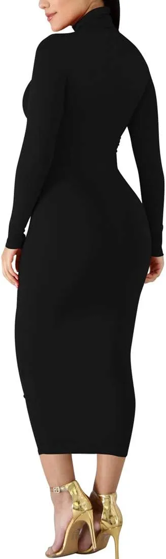BORIFLORS Women's Sexy Basic Long Sleeve Turtleneck Bodycon Party Long Pencil Dress