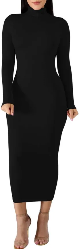 BORIFLORS Women's Sexy Basic Long Sleeve Turtleneck Bodycon Party Long Pencil Dress
