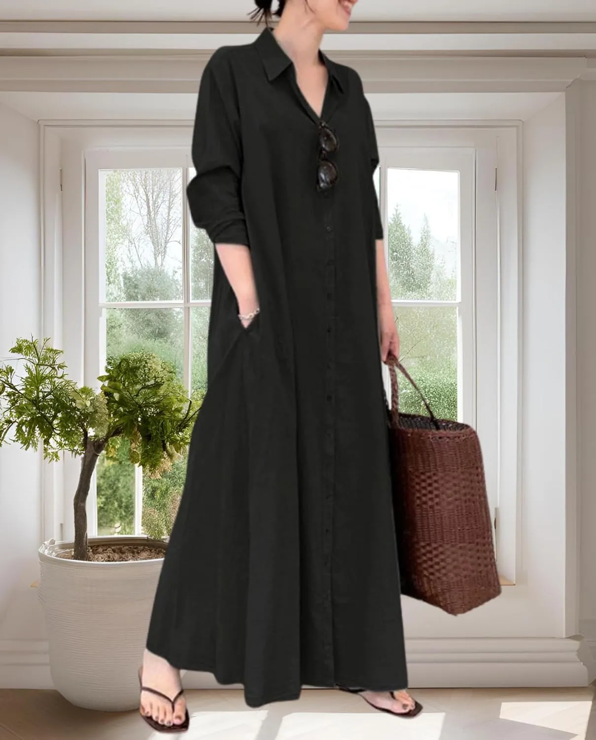 Breathable Button-Up Lapel Shirt Dress for Women-Loose Fit Long Sleeve Elegant Maxi Dress with Pockets Cotton Linen