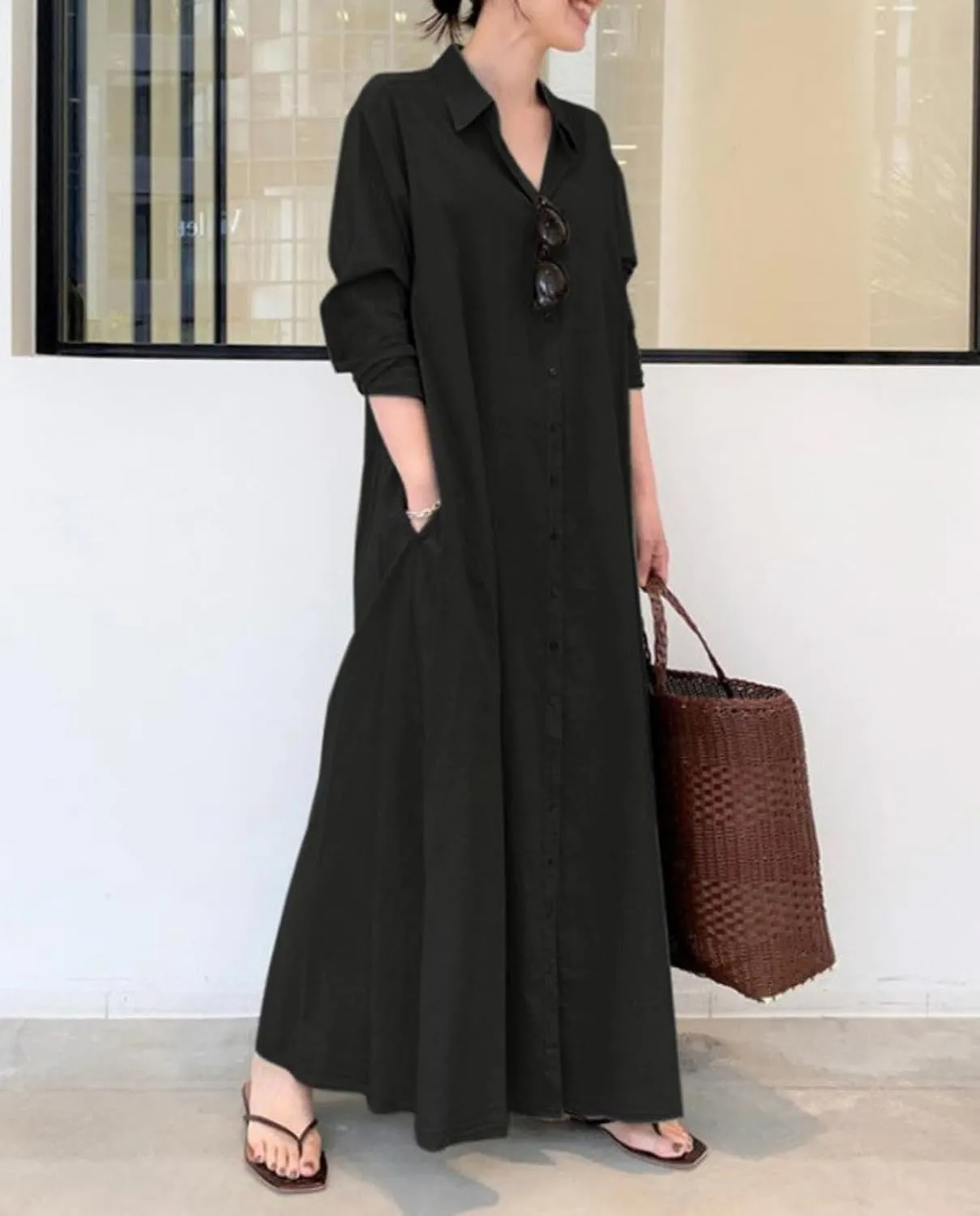 Breathable Button-Up Lapel Shirt Dress for Women-Loose Fit Long Sleeve Elegant Maxi Dress with Pockets Cotton Linen