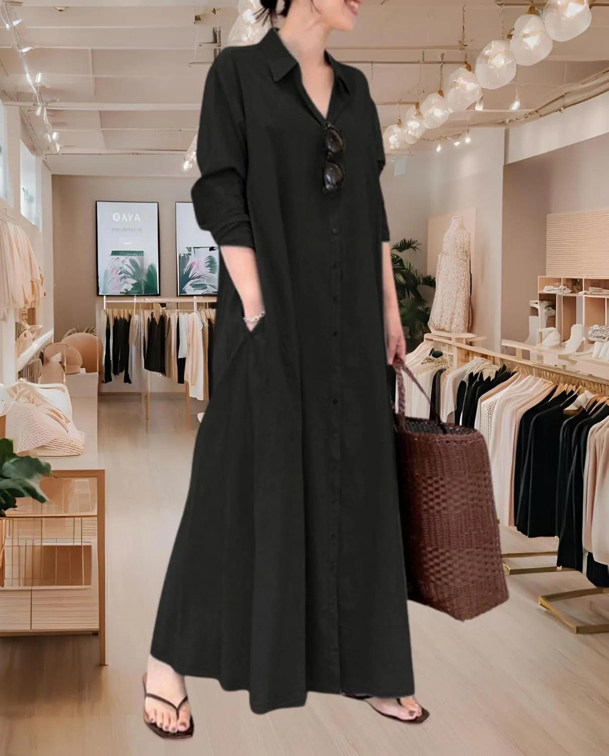 Breathable Button-Up Lapel Shirt Dress for Women-Loose Fit Long Sleeve Elegant Maxi Dress with Pockets Cotton Linen