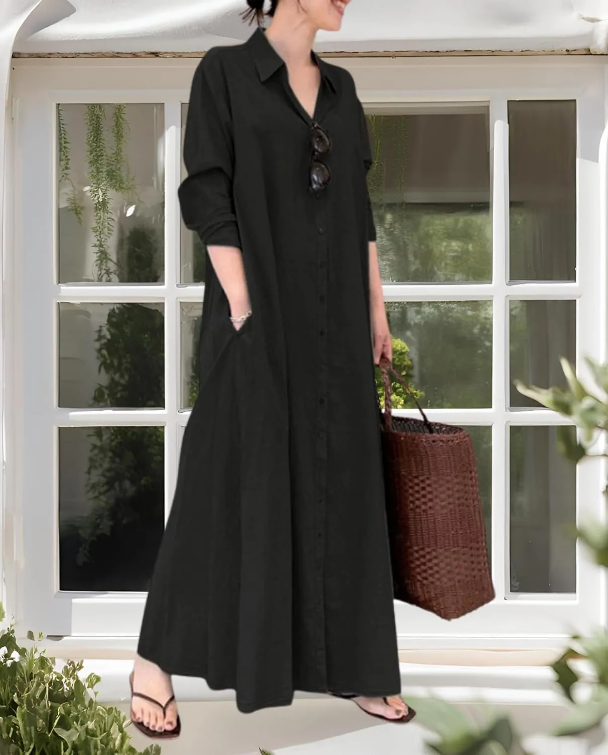Breathable Button-Up Lapel Shirt Dress for Women-Loose Fit Long Sleeve Elegant Maxi Dress with Pockets Cotton Linen