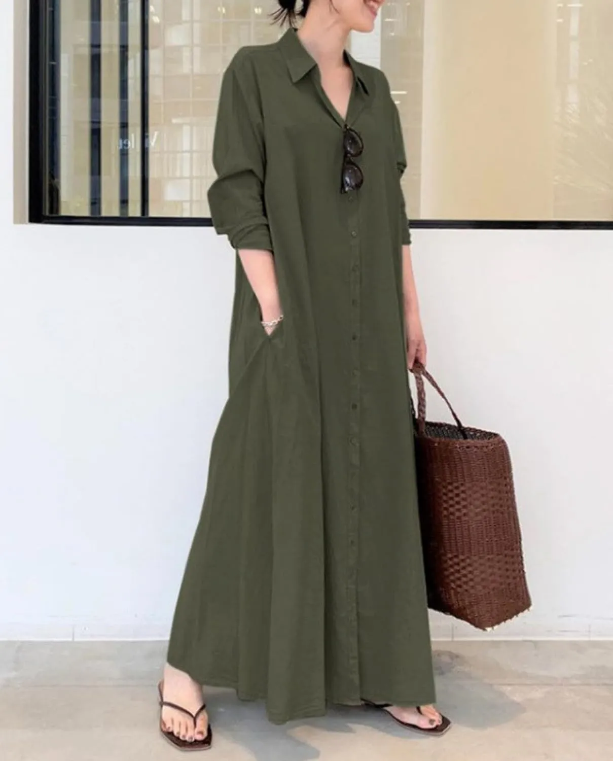 Breathable Button-Up Lapel Shirt Dress for Women-Loose Fit Long Sleeve Elegant Maxi Dress with Pockets Cotton Linen