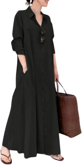 Breathable Button-Up Lapel Shirt Dress for Women-Loose Fit Long Sleeve Elegant Maxi Dress with Pockets Cotton Linen