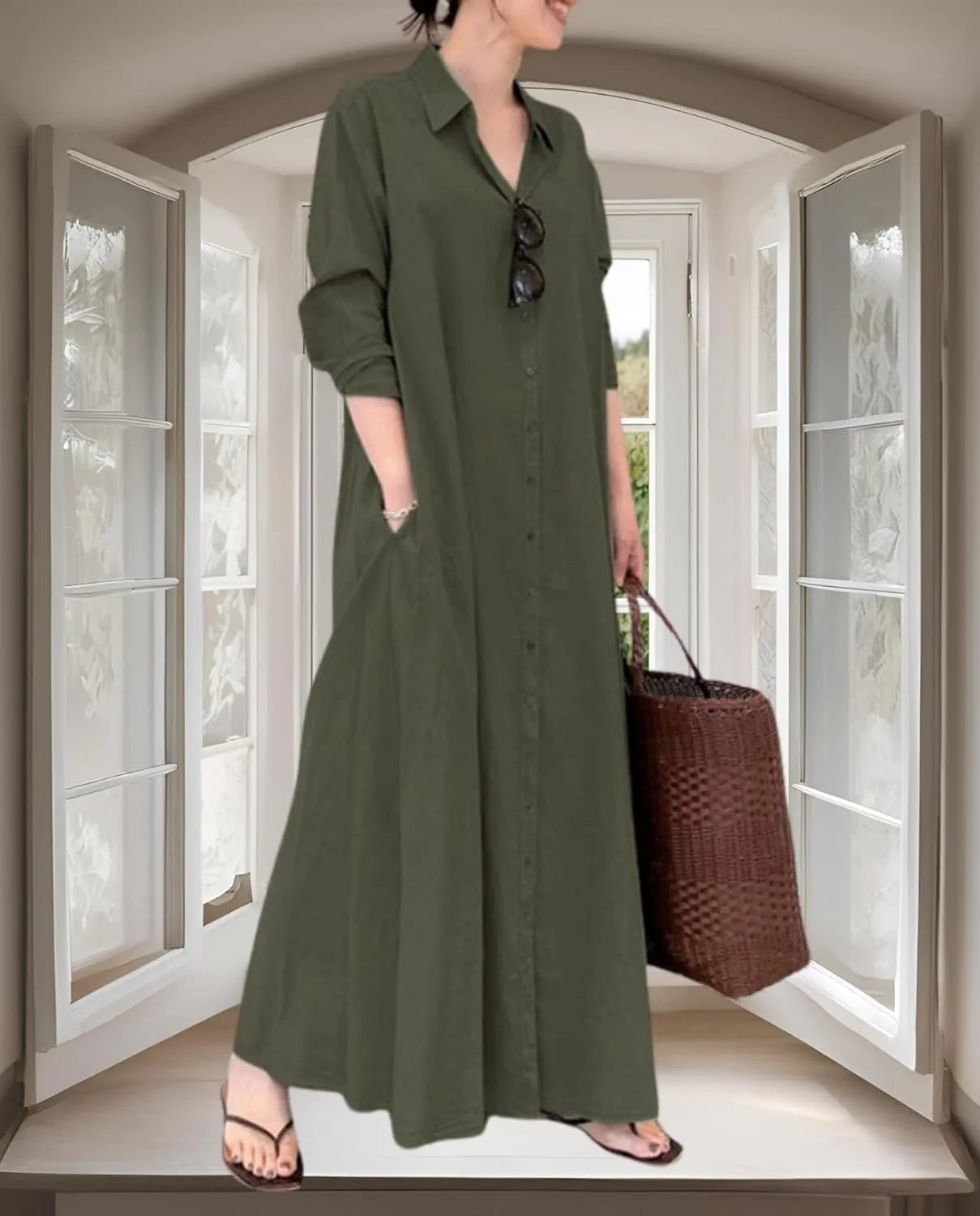 Breathable Button-Up Lapel Shirt Dress for Women-Loose Fit Long Sleeve Elegant Maxi Dress with Pockets Cotton Linen