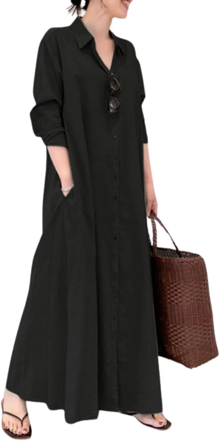 Breathable Button-Up Lapel Shirt Dress for Women-Loose Fit Long Sleeve Elegant Maxi Dress with Pockets Cotton Linen