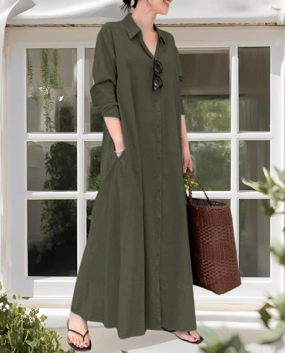 Breathable Button-Up Lapel Shirt Dress for Women-Loose Fit Long Sleeve Elegant Maxi Dress with Pockets Cotton Linen