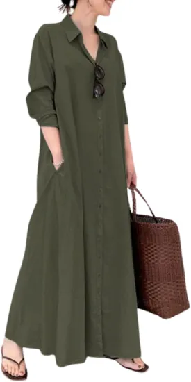 Breathable Button-Up Lapel Shirt Dress for Women-Loose Fit Long Sleeve Elegant Maxi Dress with Pockets Cotton Linen