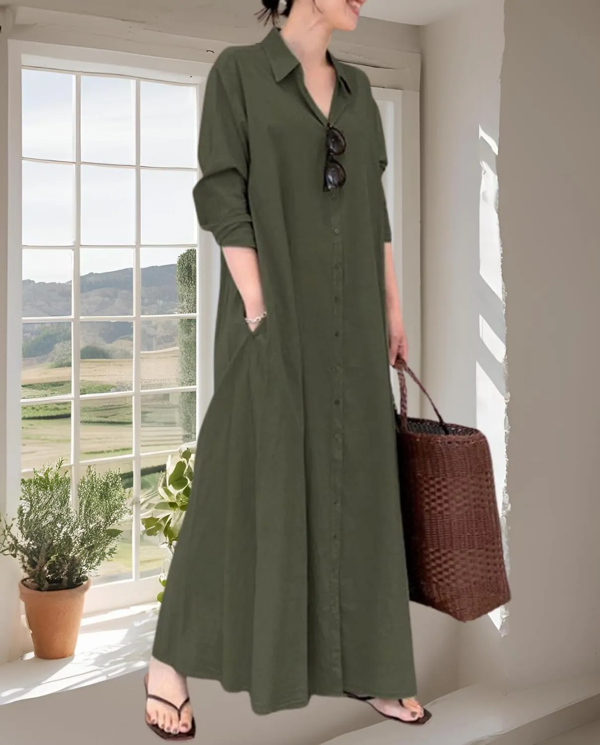Breathable Button-Up Lapel Shirt Dress for Women-Loose Fit Long Sleeve Elegant Maxi Dress with Pockets Cotton Linen