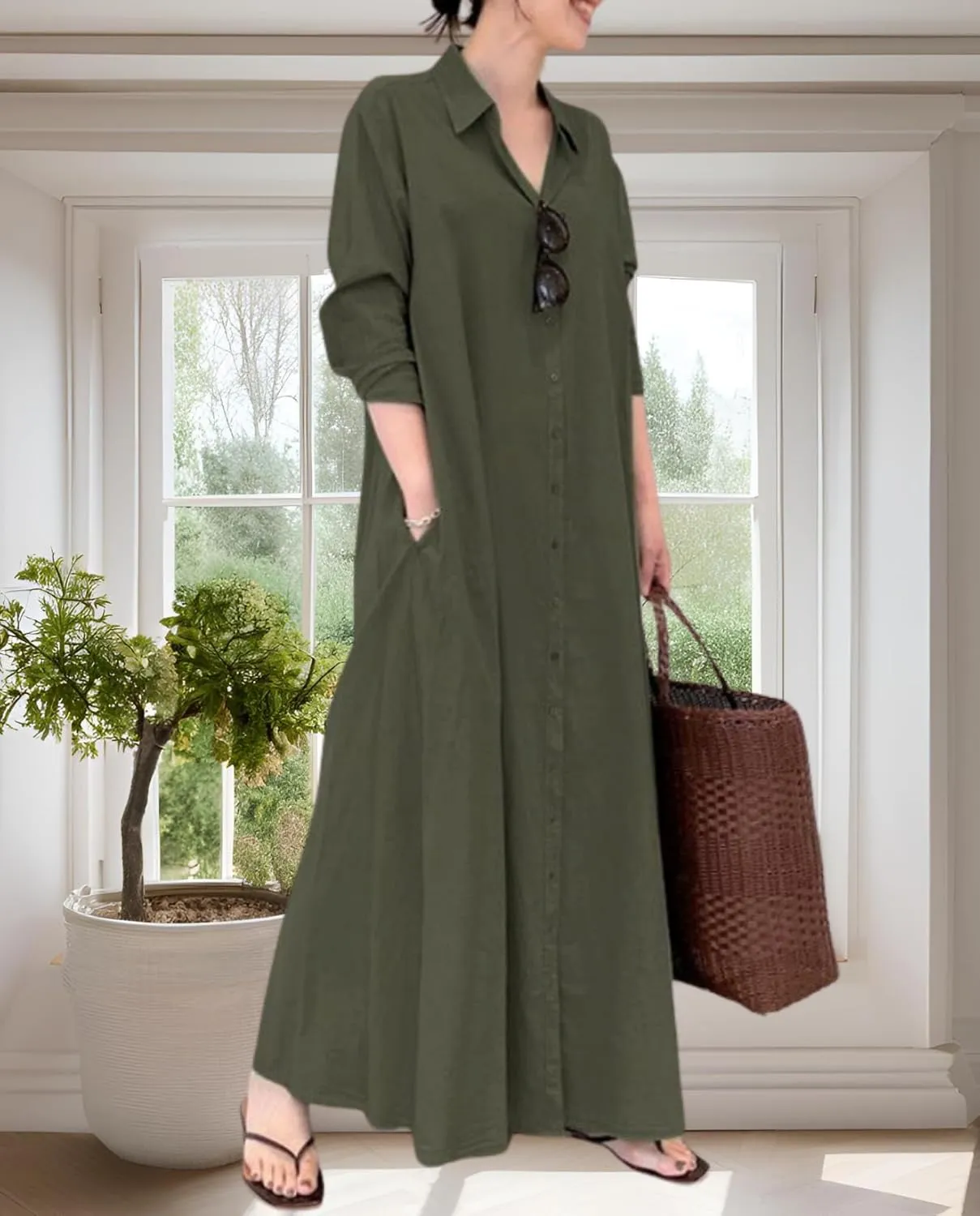 Breathable Button-Up Lapel Shirt Dress for Women-Loose Fit Long Sleeve Elegant Maxi Dress with Pockets Cotton Linen