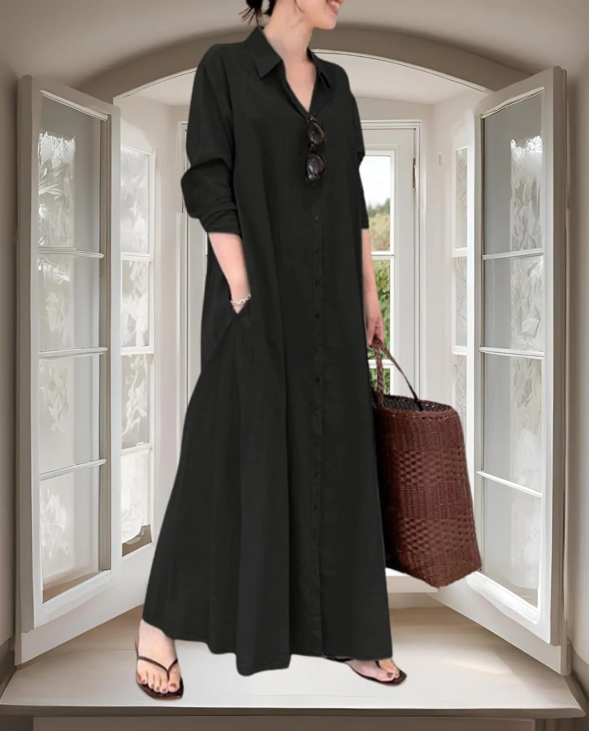Breathable Button-Up Lapel Shirt Dress for Women-Loose Fit Long Sleeve Elegant Maxi Dress with Pockets Cotton Linen
