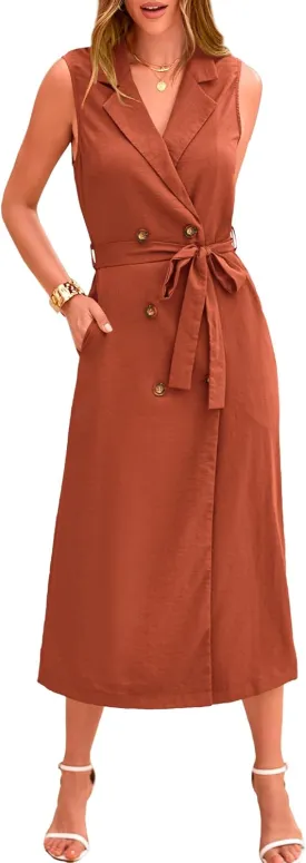 BTFBM Casual Business Dress 2024 Summer Work Office Lapel V Neck Slit Belted Sleeveless Button Down Dresses with Pockets