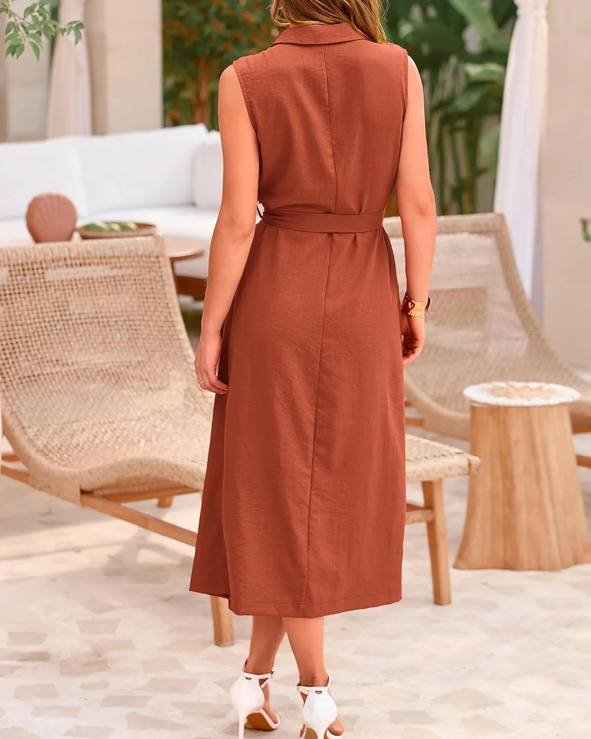 BTFBM Casual Business Dress 2024 Summer Work Office Lapel V Neck Slit Belted Sleeveless Button Down Dresses with Pockets