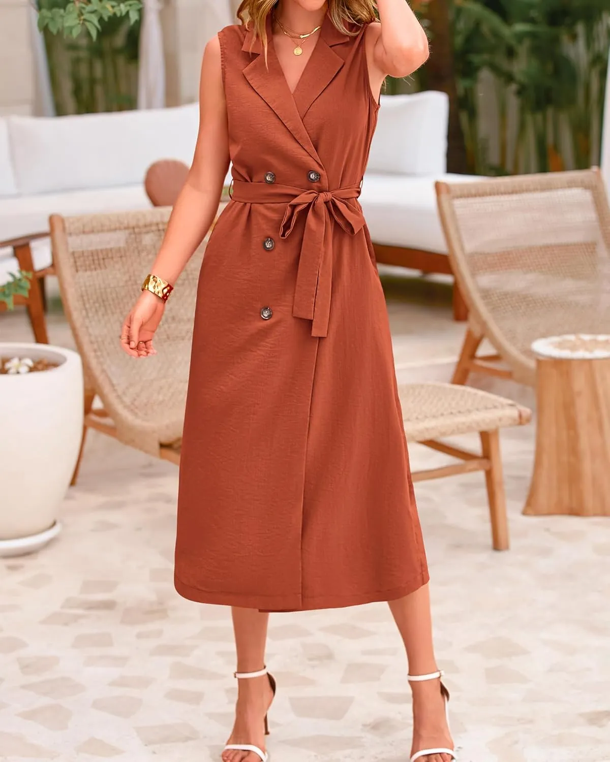 BTFBM Casual Business Dress 2024 Summer Work Office Lapel V Neck Slit Belted Sleeveless Button Down Dresses with Pockets