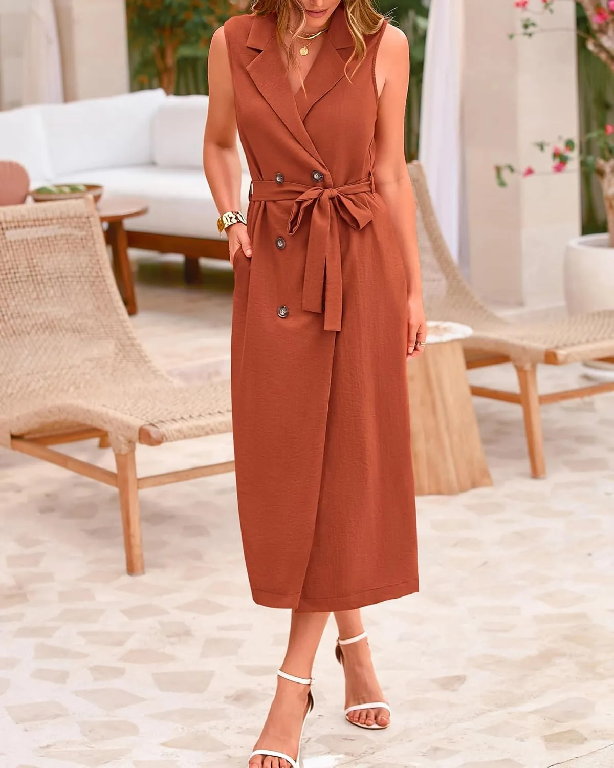 BTFBM Casual Business Dress 2024 Summer Work Office Lapel V Neck Slit Belted Sleeveless Button Down Dresses with Pockets