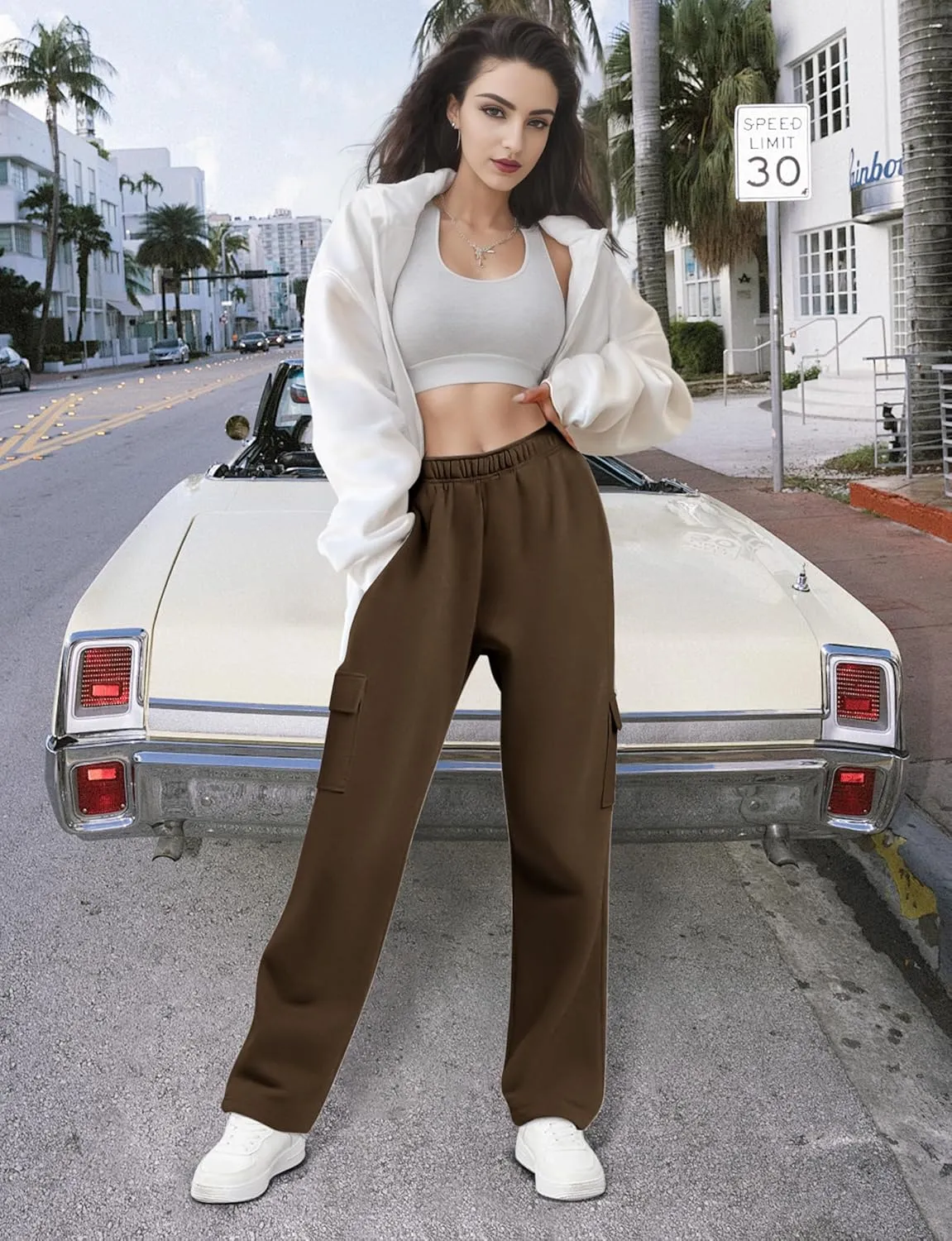 Cargo Sweatpants for Women Fleece Jogger Pants Casual Baggy Trousers Athletic Long Sweat Pants with Pockets Trendy