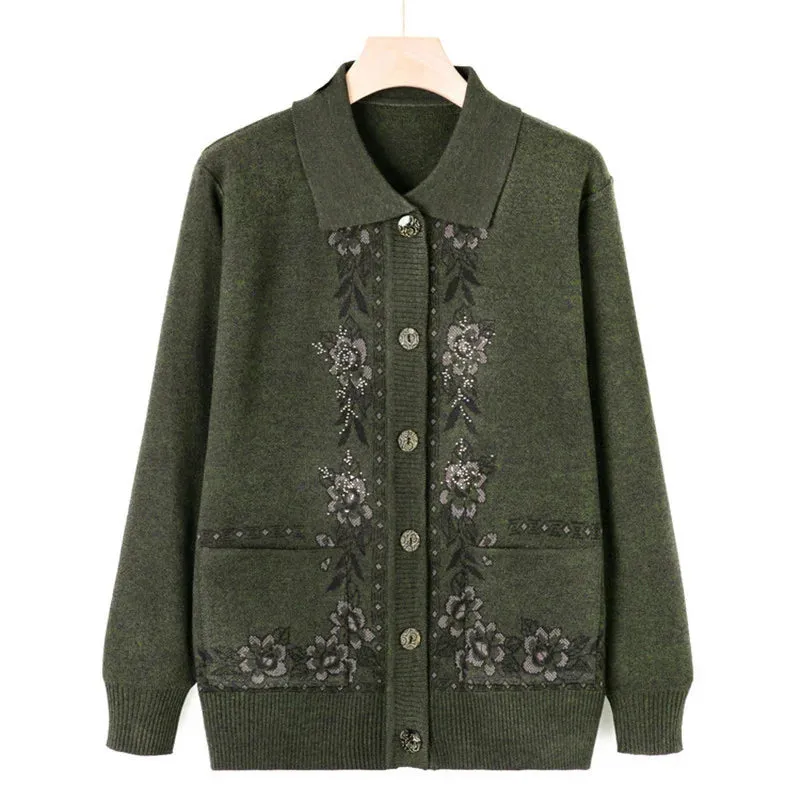 christmas outfit Joskaa New Middle Aged Elderly Mother Woolen Coat Lapel Collar Women Spring Autumn Knitted Cardigan Sweater Female Knitwear Jacket