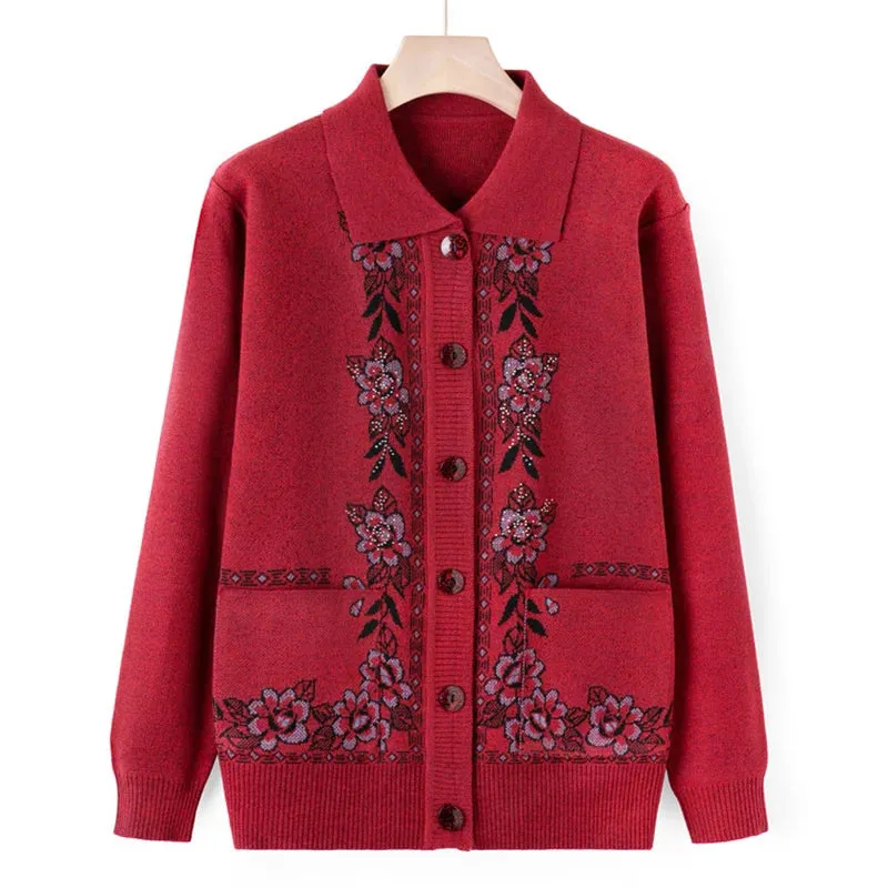 christmas outfit Joskaa New Middle Aged Elderly Mother Woolen Coat Lapel Collar Women Spring Autumn Knitted Cardigan Sweater Female Knitwear Jacket