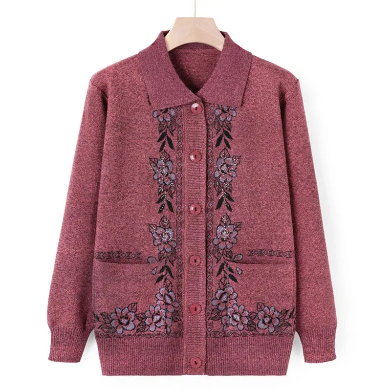 christmas outfit Joskaa New Middle Aged Elderly Mother Woolen Coat Lapel Collar Women Spring Autumn Knitted Cardigan Sweater Female Knitwear Jacket