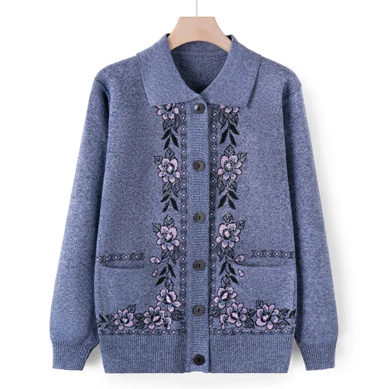 christmas outfit Joskaa New Middle Aged Elderly Mother Woolen Coat Lapel Collar Women Spring Autumn Knitted Cardigan Sweater Female Knitwear Jacket