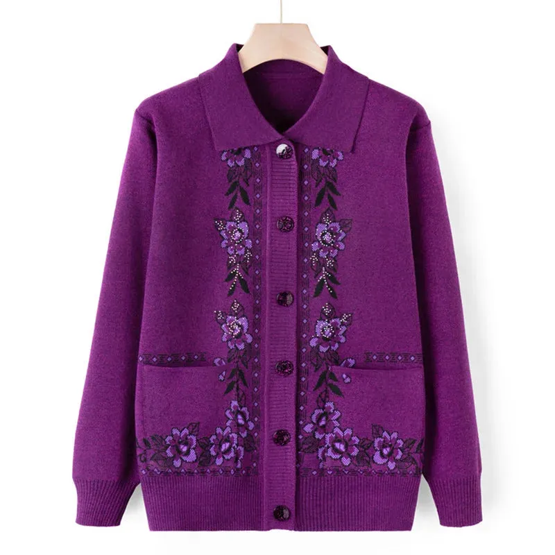 christmas outfit Joskaa New Middle Aged Elderly Mother Woolen Coat Lapel Collar Women Spring Autumn Knitted Cardigan Sweater Female Knitwear Jacket