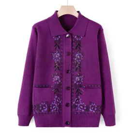 christmas outfit Joskaa New Middle Aged Elderly Mother Woolen Coat Lapel Collar Women Spring Autumn Knitted Cardigan Sweater Female Knitwear Jacket
