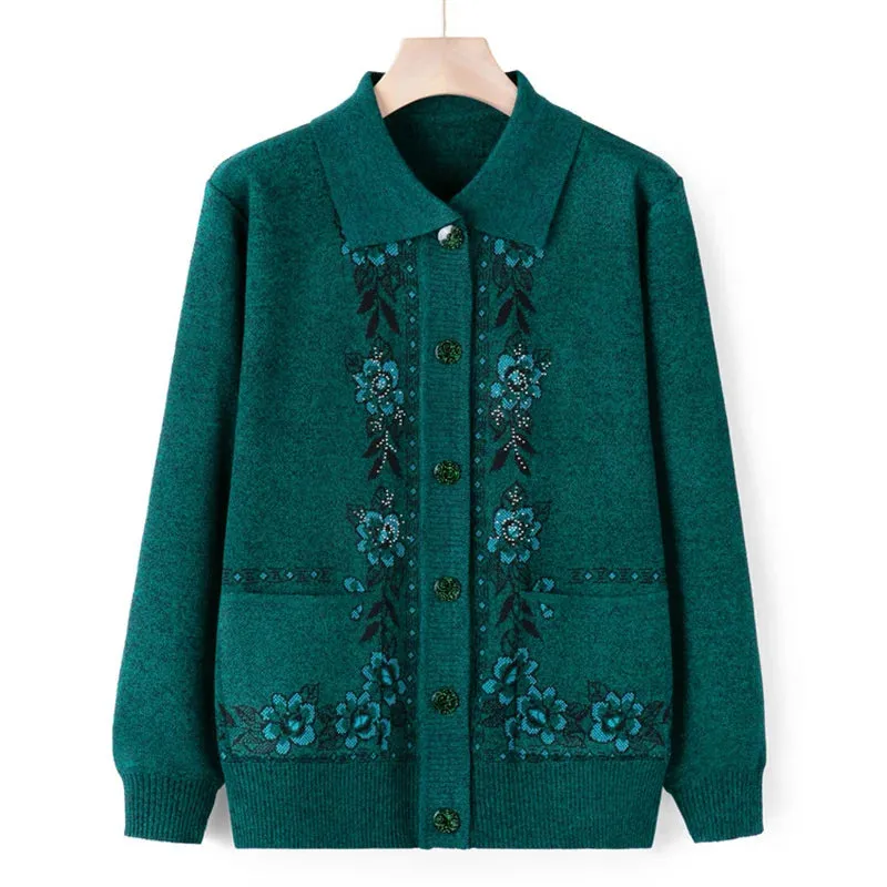 christmas outfit Joskaa New Middle Aged Elderly Mother Woolen Coat Lapel Collar Women Spring Autumn Knitted Cardigan Sweater Female Knitwear Jacket