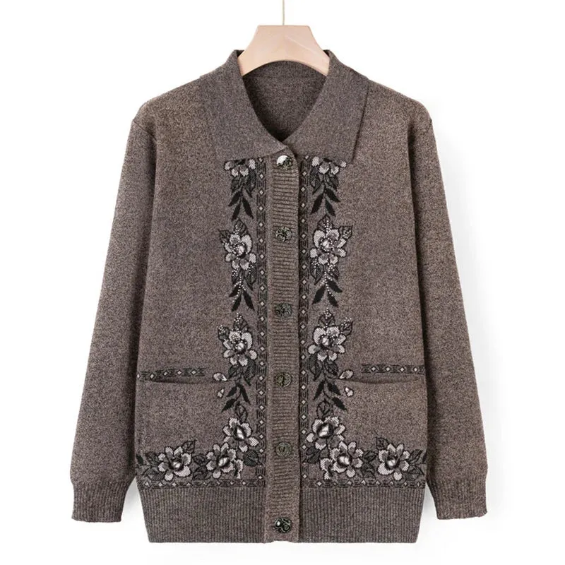 christmas outfit Joskaa New Middle Aged Elderly Mother Woolen Coat Lapel Collar Women Spring Autumn Knitted Cardigan Sweater Female Knitwear Jacket