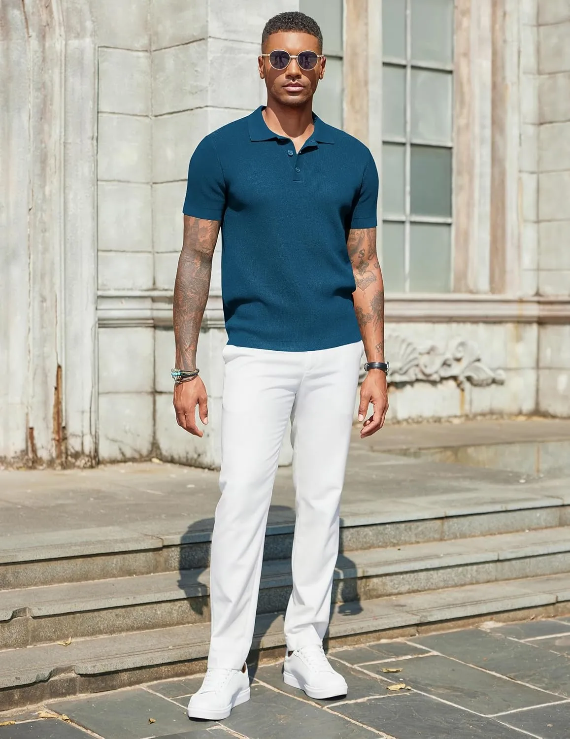 COOFANDY Mens Slim Fit Knit Polo Shirts Business Lightweight Polo Sweater Casual Summer Ribbed Textured Collared T Shirt