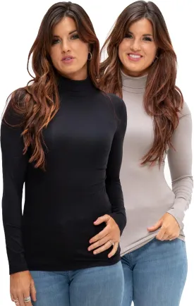 DEVOPS Womens 2 Pack Long Sleeve Mock Turtleneck Stretch Fitted Thermal Underlayer Shirts