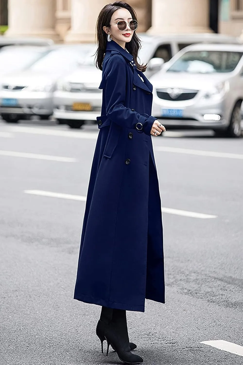ebossy Women's Double Breasted Duster Trench Coat Slim Full Length Maxi Long Overcoat