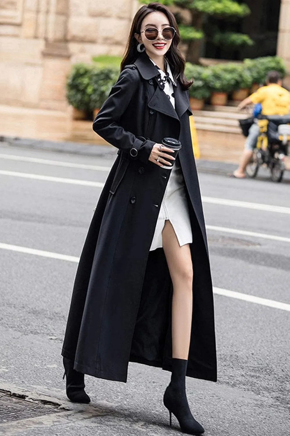 ebossy Women's Double Breasted Duster Trench Coat Slim Full Length Maxi Long Overcoat