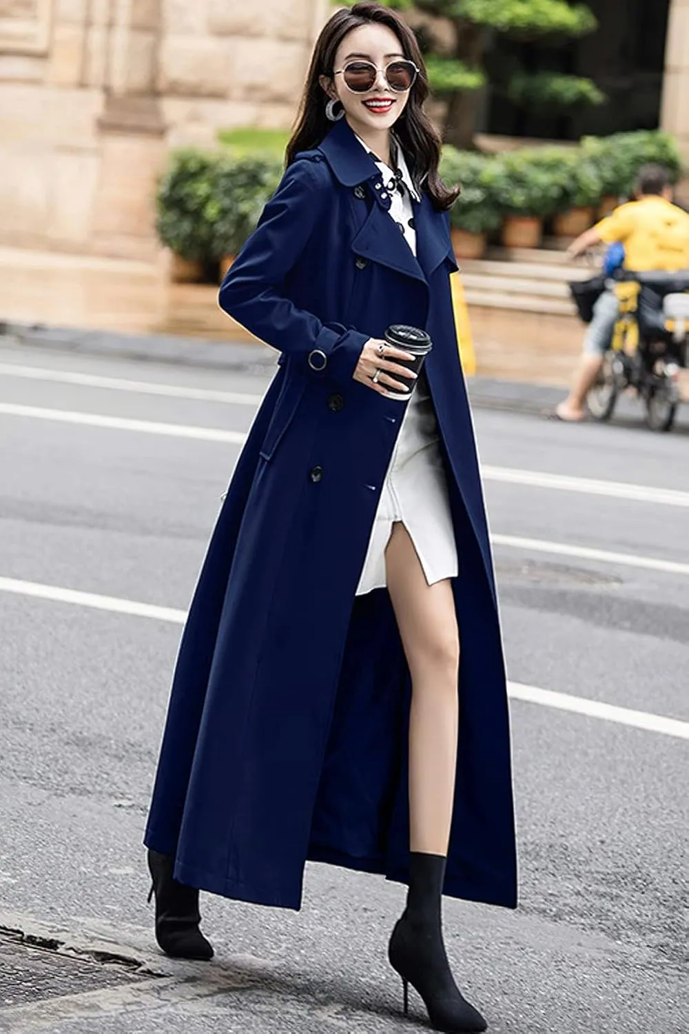 ebossy Women's Double Breasted Duster Trench Coat Slim Full Length Maxi Long Overcoat