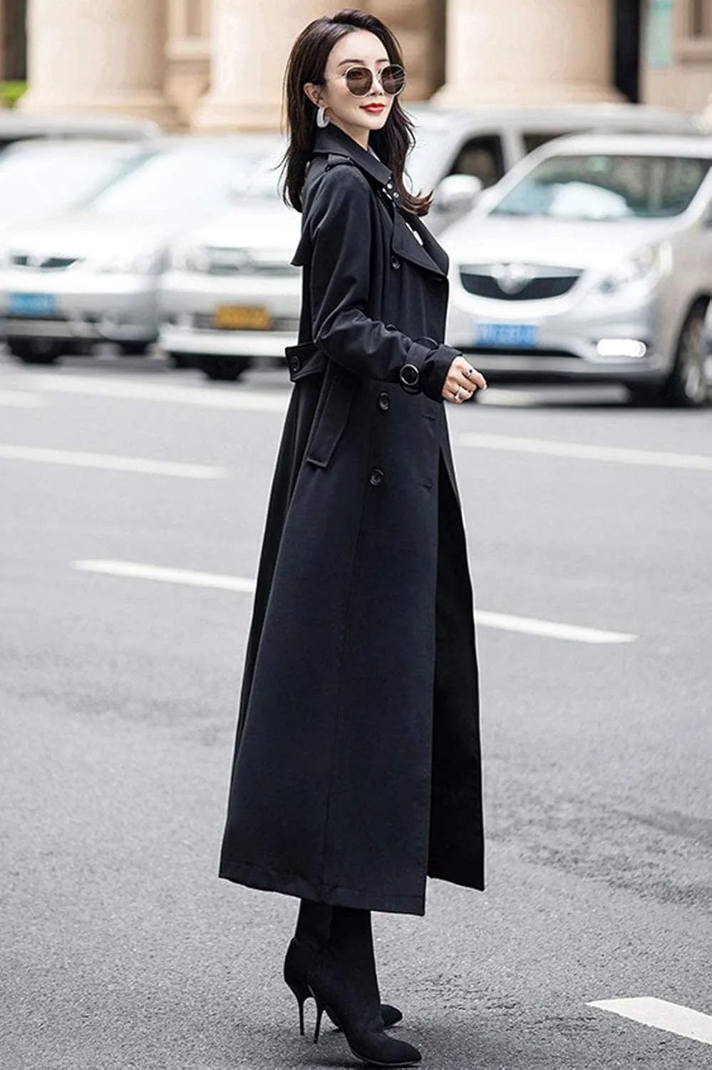 ebossy Women's Double Breasted Duster Trench Coat Slim Full Length Maxi Long Overcoat