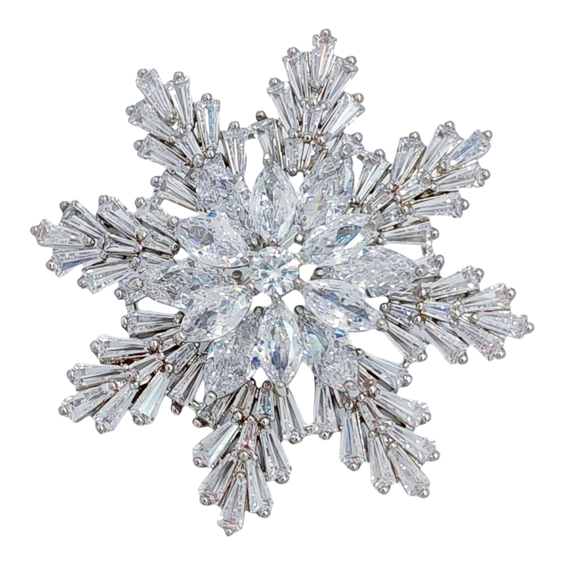 Fantastic Luxurious Baguette & Marquise Cut Clear CZ Double Tiered Snowflake Broaches Pins Winter Holiday Jewelry for Costume