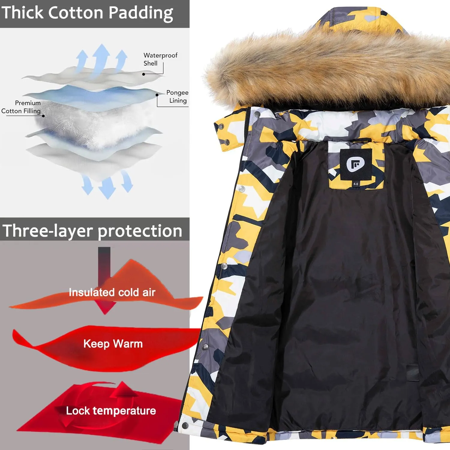 FARVALUE Boy Winter Coat Warm Quilted Puffer Water Resistant Parka Jacket with Detachable Fur Hood for Big Boys