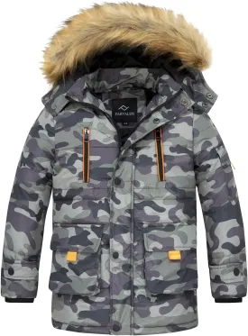 FARVALUE Boy Winter Coat Warm Quilted Puffer Water Resistant Parka Jacket with Detachable Fur Hood for Big Boys